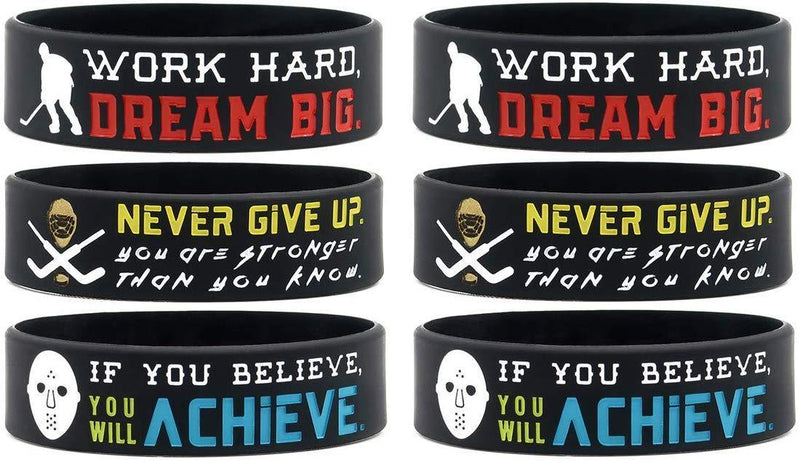 (6-Pack) Motivational Hockey Wristbands with Sports Quotes - Hockey Gifts Jewelry Accessories for Hockey Players Team Awards Party Favors - Unisex for Men Women Youth Teen Girls Boys