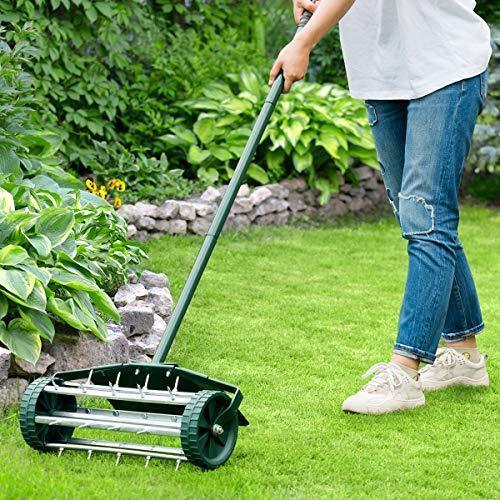 Rolling Lawn Aerator 18-inch Garden Yard Rotary Push Tine Heavy Duty Spike Soil Aeration, 50-in Handle (Silver)