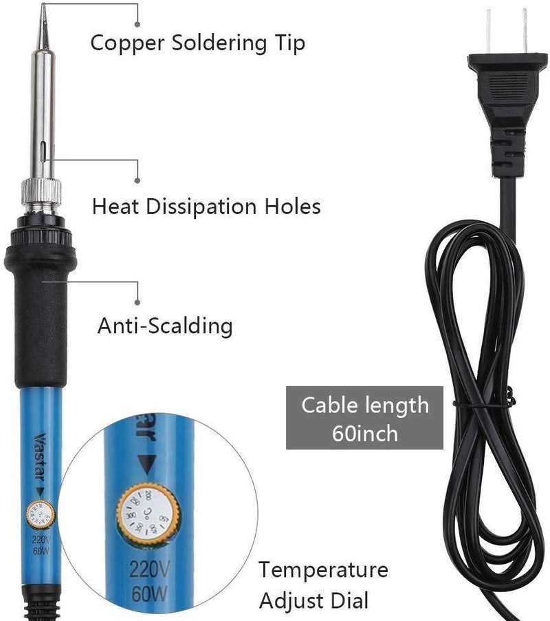 Vastar Soldering Iron Kit, Full Set 60W 110V Soldering Welding Iron Kit - Adjustable Temperature, 5pcs Different Tips, Desoldering Pump, Stand, Anti-static Tweezers and Additional Solder Tube