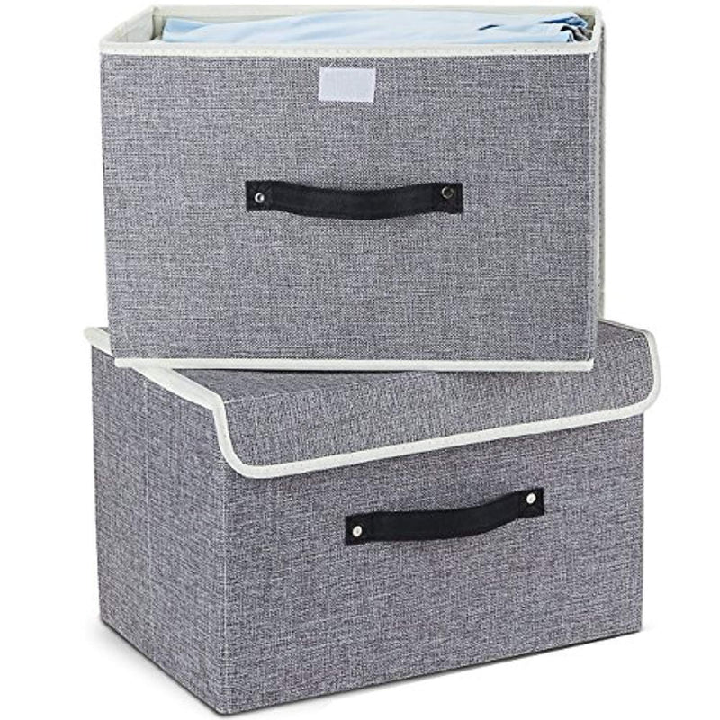 Storage Bins,Mee'life Set of Two Foldable Storage Box with Lids and Handles Storage Basket Storage Needs Containers Organizer With Built-in Cotton Fabric Closet Drawer Removable Dividers (Light Gray)