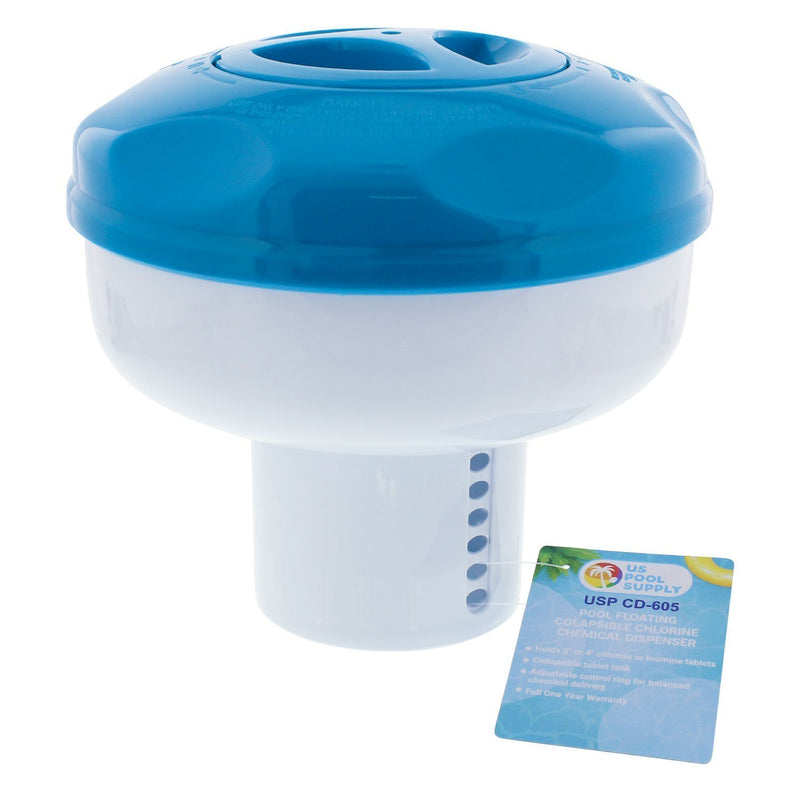 U.S. Pool Supply Pool Floating Collapsible Chlorine 3" or 4" Tablet Chemical Dispenser, 8" Diameter - Adjustable Balanced Chemical Delivery