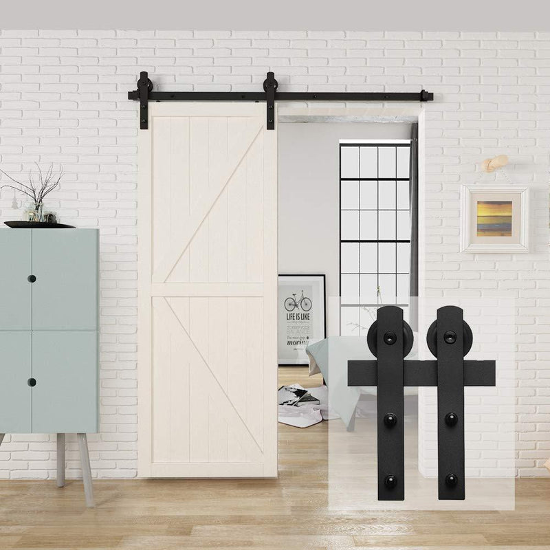 HomLux 8ft Heavy Duty Sturdy Sliding Barn Door Hardware Kit, Double Door-Smoothly and Quietly, Easy to Install and Reusable - Fit 1 3/8-1 3/4" Thickness & 24" Wide Door Panel, Black(I Shape Hanger)