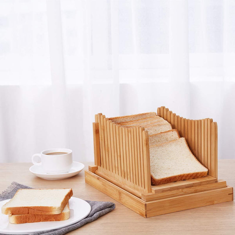 Flurff Bamboo Bread Slicers for Homemade Bread, Compact Foldable Bread Slicer Guide, Bagel Slicer