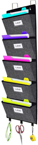 Over The Door Hanging File Organizer Wall Mounted, Office Supplies Storage Holder Pocket Chart for Magazine,Notebooks,Planners,File Folders,5 Large Pockets Grey