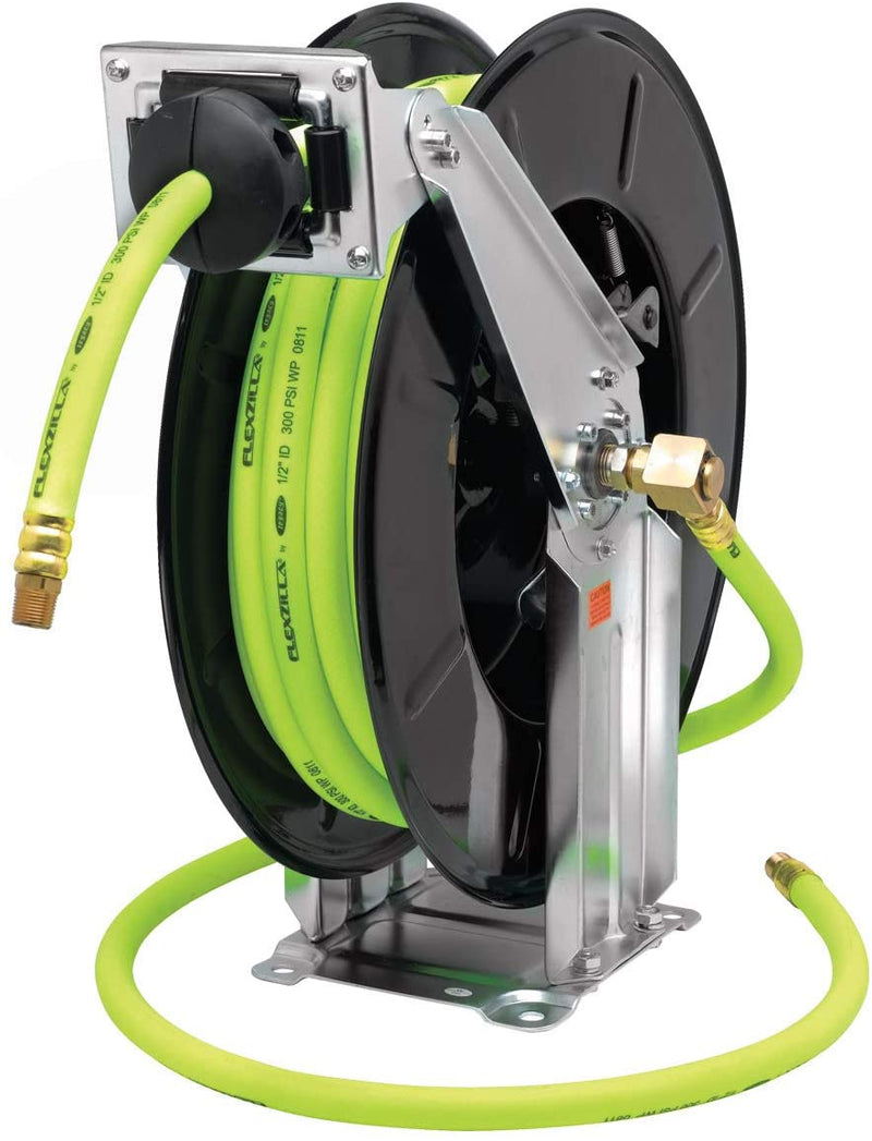 Flexzilla Retractable Open Face Dual Arm Air Hose Reel, 1/2 in. x 50 ft, Heavy Duty, Lightweight, Hybrid, ZillaGreen - L8741FZ