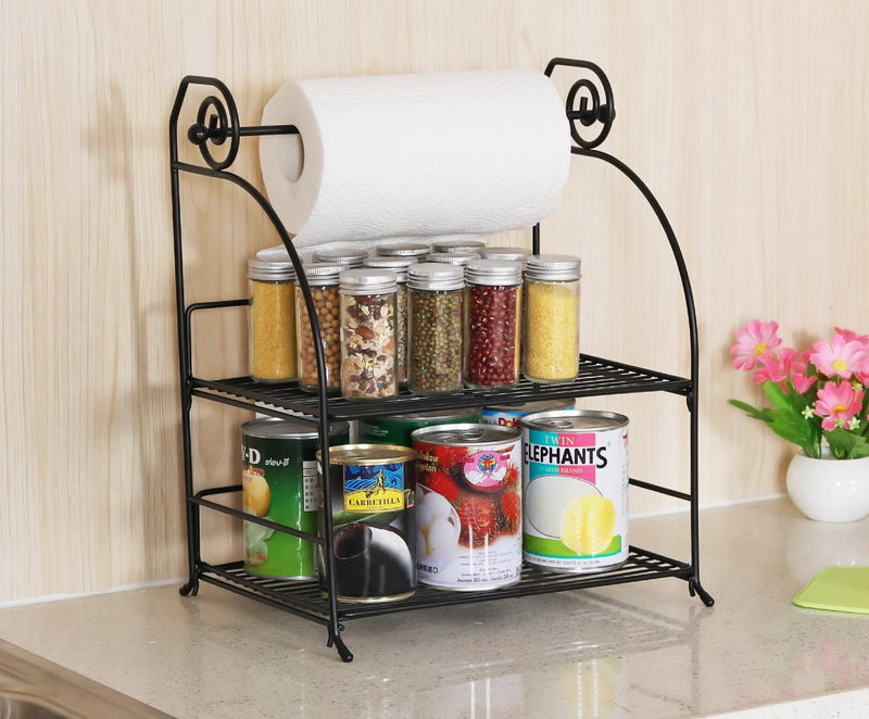 TQVAI 2 Tier Can Rack Spice Jar Storage Organizer with Kitchen Roll Holder, Black