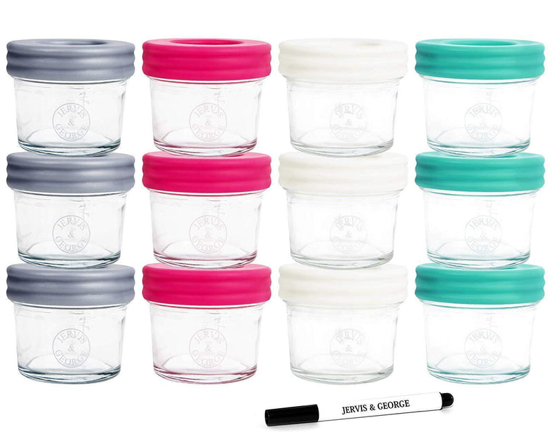 Glass Baby Food Storage Containers - Set contains 12 Small Reusable 4oz Jars with Airtight Lids - Safely Freeze your Homemade Baby Food