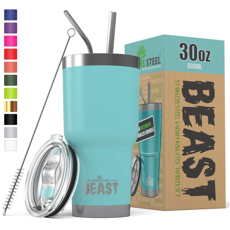 BEAST 30oz Stainless Steel Tumbler Vacuum Insulated Rambler Coffee Cup Double Wall Travel Flask Mug with Splash Proof Lid, 2 Straws, Pipe Brush & Gift Box Bundle By Greens Steel