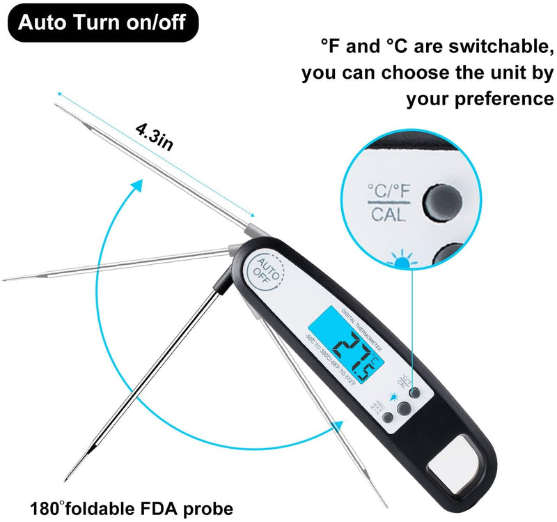 A ALPS Waterproof Instant Read Meat Thermometer Ultra Fast Digital Thermometer with LCD Backlight Display Kitchen Cooking Oven Thermometer Food Thermometer