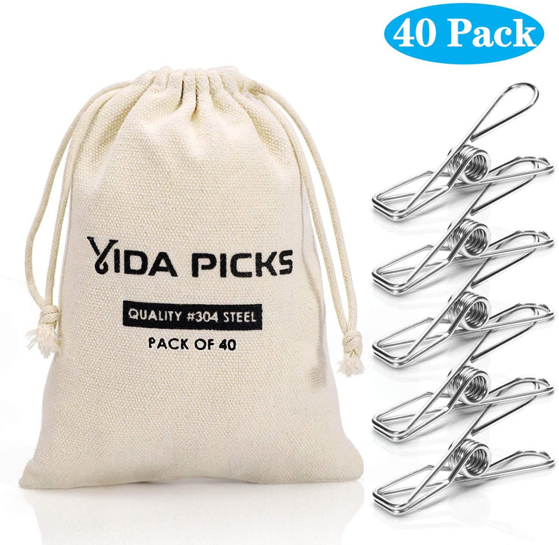 Wire Clothespins Laundry Chip Clips-40 Pack Bulk Clothes Pins with Heavy Duty, Durable Clamp Metal Clothes Pegs Multi-purpose for Outdoor Clothesline by Vida Picks