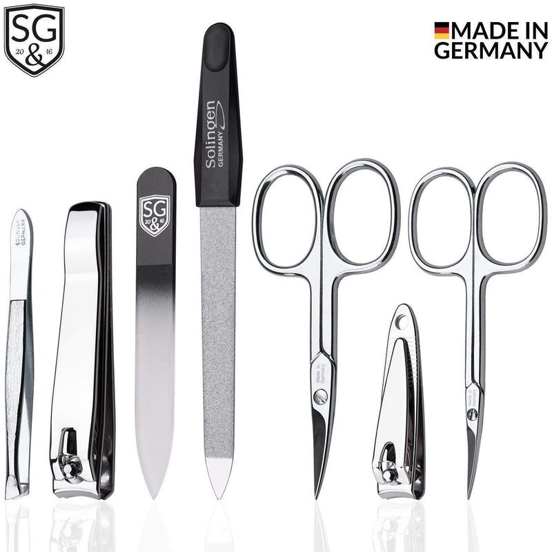 Manicure set made in Germany - 7 piece stainless steel exclusive finger & toe nail clipper set in luxury leather case, made in Solingen Germany