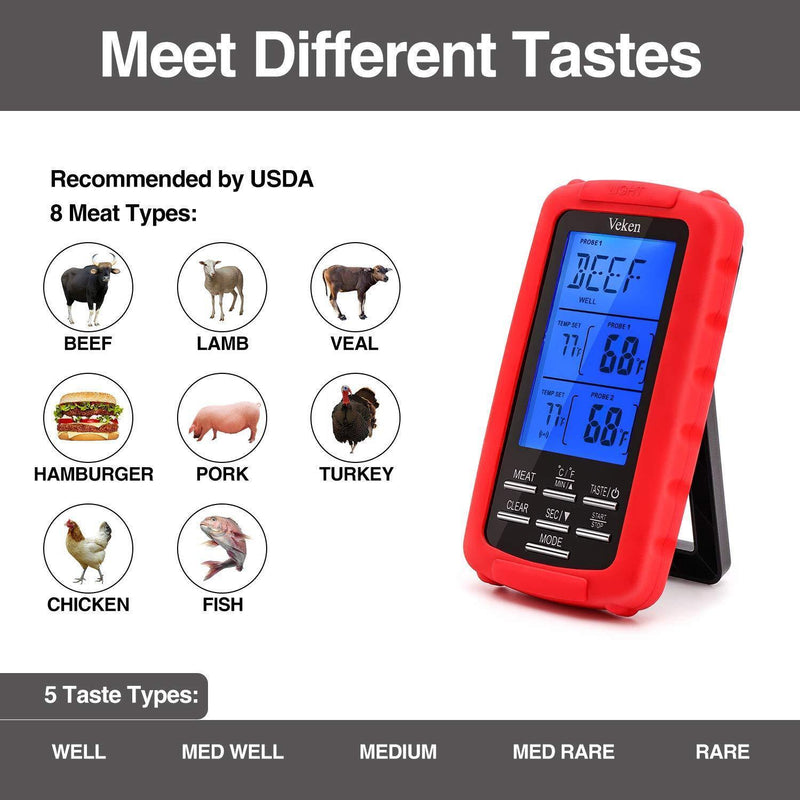 Veken Wireless Digital BBQ Meat Thermometer Remote Cooking Food Grill Thermometer with Dual Probes for Grilling Oven Smoker Thermometer Kitchen Tools, Battery Included (230 Feet), Red