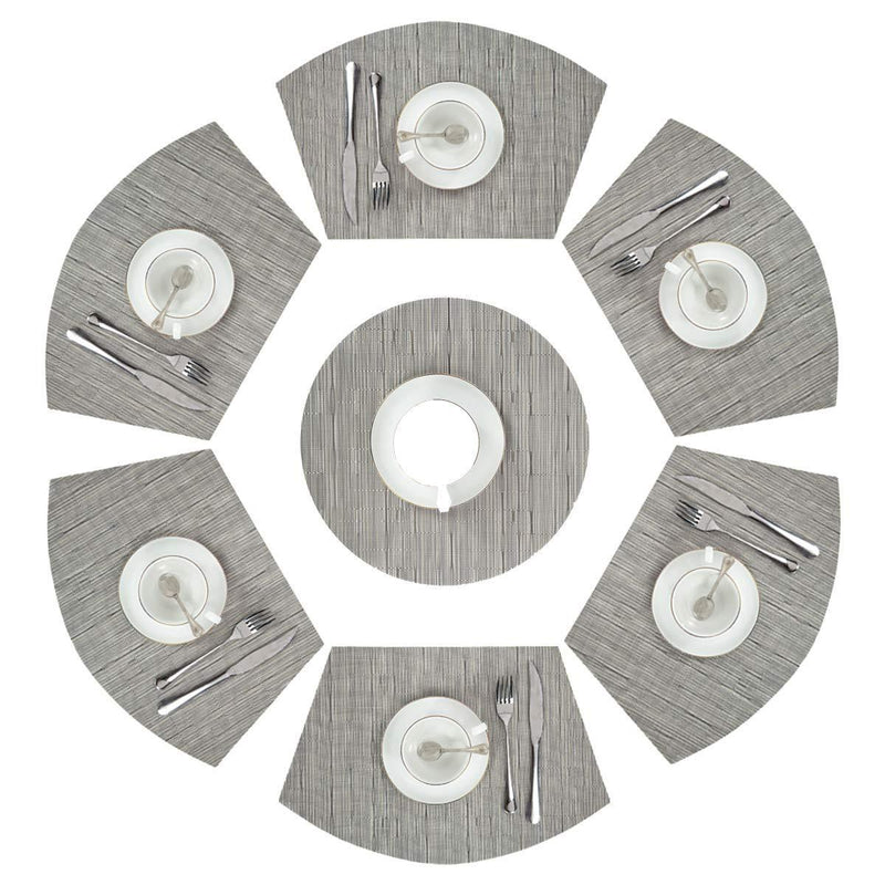 PAUWER Grey Round Table Placemats Set of 7 Wedge and Round Placemats Set for Round Dining Table Washable Woven Vinyl Placemats Set