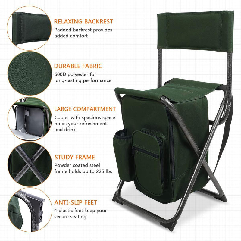 PORTAL Lightweight Backrest Stool Compact Folding Chair Seat with Cooler Bag and Shoulder Straps for Fishing, Camping, Hiking, Supports 225 lbs