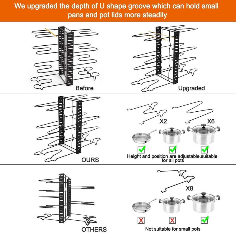 Pot Rack Organizer-Adjustable 8+ Pots and Pans Oragnizer, Kitchen Counter and Cabinet Pot Lid Holder with 3 DIY Methods (6 Hooks Included)