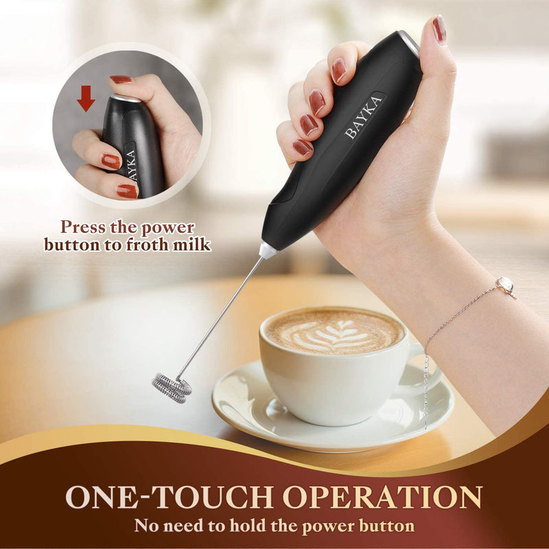 BAYKA Milk Frother Handheld Battery Operated, Electric Milk Foamer for Bulletproof Coffee, Hot Chocolate, Matcha, One-Touch Switch Drink Mixer with Stand, 2 AA Batteries Included (Black)