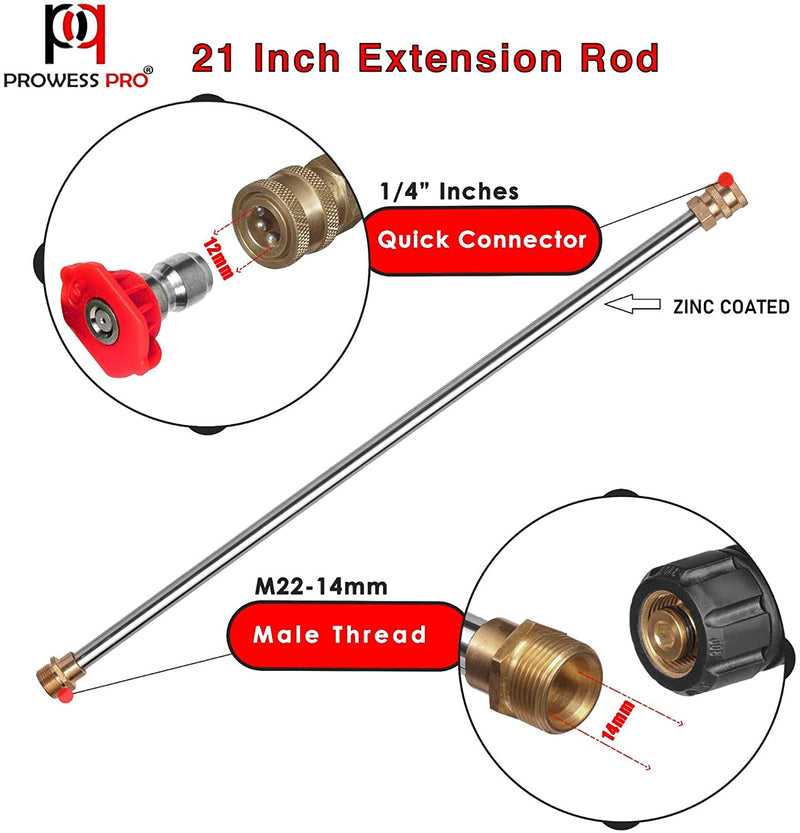 PP PROWESS PRO High Pressure Washer Gun 4000 PSI M22 x 14mm Inlet Fitting with 21 Inch Extension Wand Lance & 5 Quick Connect Nozzles