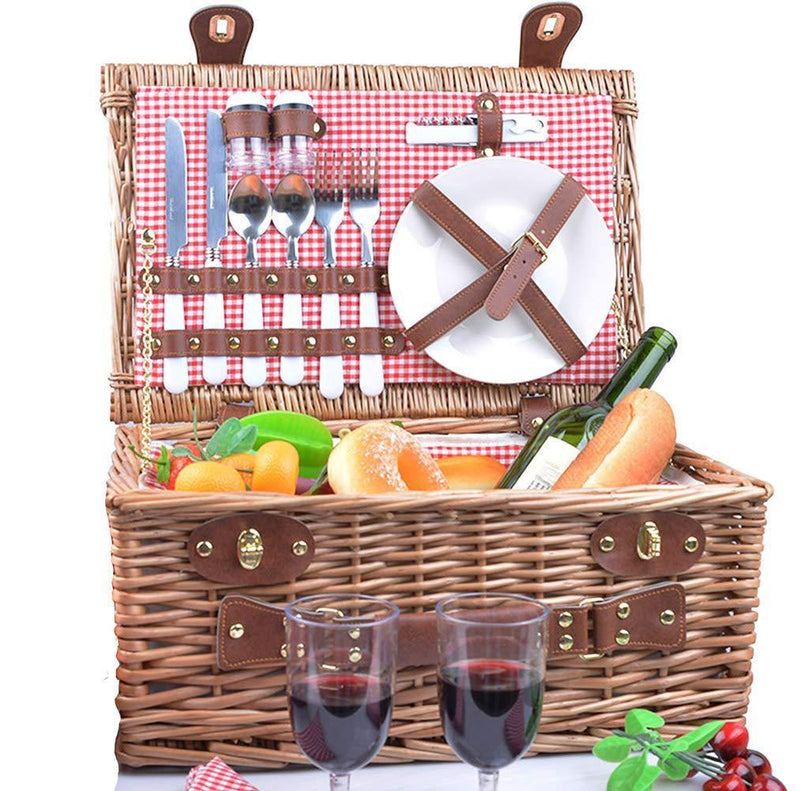 SatisInside New 2019 USA Insulated Luxury 29Pcs Kit Wicker Picnic Basket Set for 4 People - Reinforced Handle - Plus A Free Waterproof Fleece Blanket Worth $16.99 - Grey Stripes