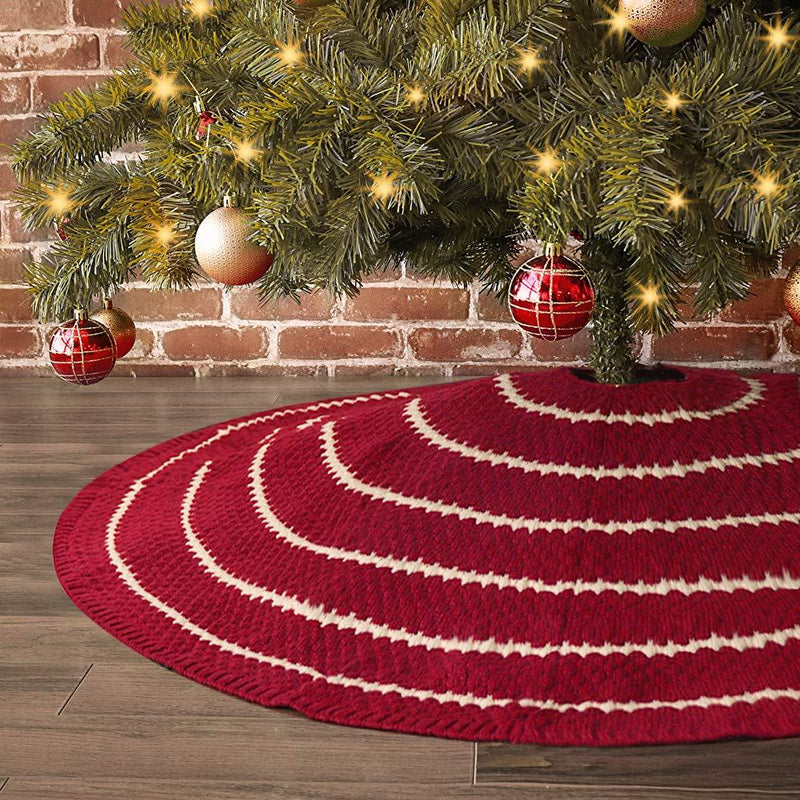 LimBridge Christmas Tree Skirt, 48 inches Knitted Rustic Stripe Thick Heavy Yarn Knit Xmas Holiday Decoration, Burgundy and Cream