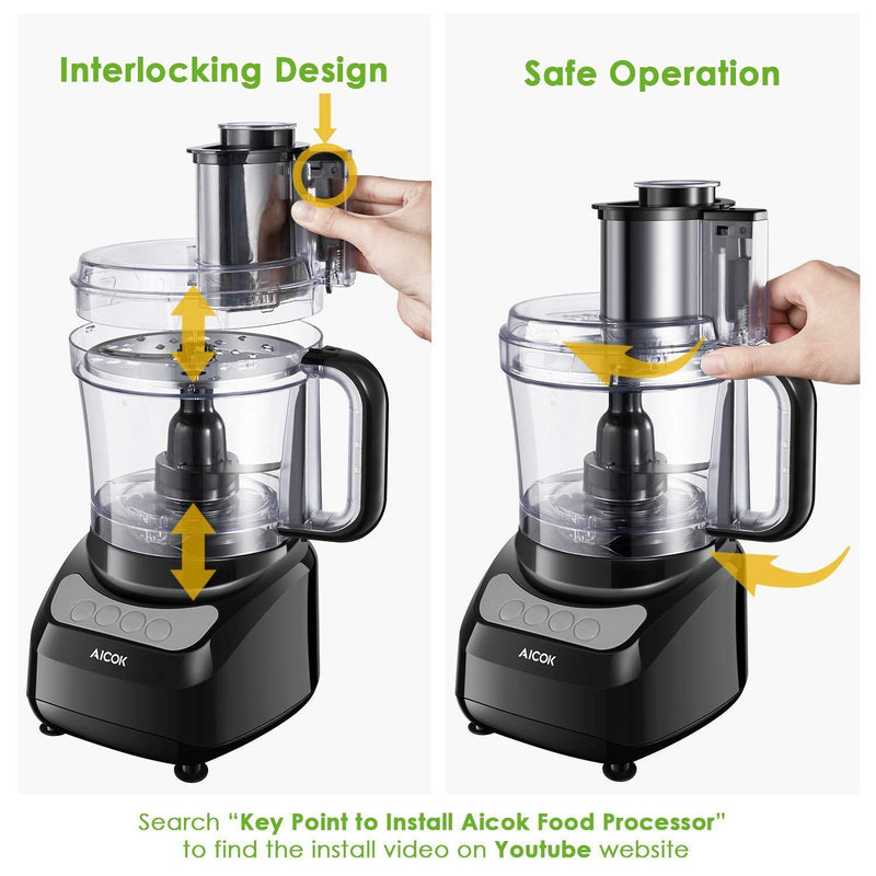 Food Processor 12-Cup, Aicok Multifunction Food processor, 1.8L, 3 Speed Options, 2 Chopping Blades & 1 Disc, Safety Interlocking Design, 500W, Black