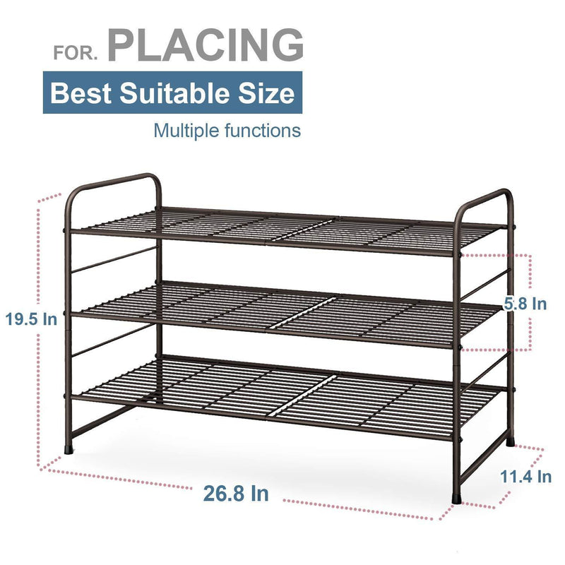 Simple Trending 3-Tier Stackable Shoe Rack, Expandable & Adjustable Shoe Shelf Storage Organizer, Wire Grid, Bronze