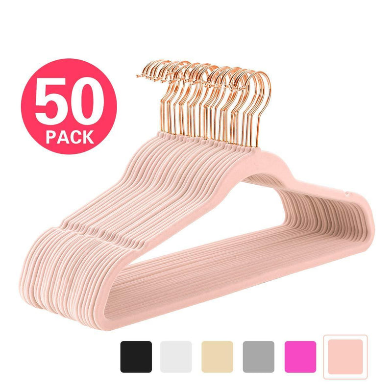 MIZGI Premium Velvet Hangers (Pack of 50) Heavyduty - Non Slip - Velvet Suit Hangers Ivory - Copper/Rose Gold Hooks,Space Saving Clothes Hangers