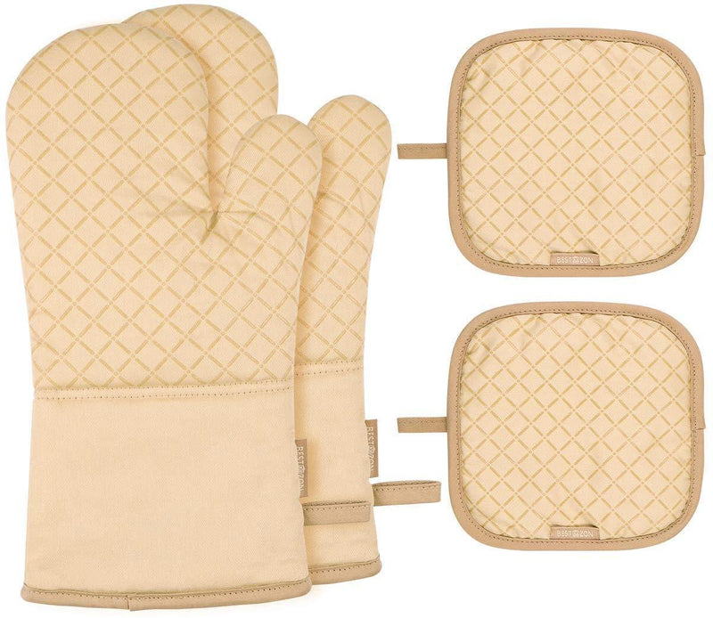 KeShi Kitchen Oven Mitts Set, Oven Mitts and Pot Holders, Heat Resistant with Quilted Cotton Lining, Non-Slip Surface 4 Pieces for Cooking, Baking, Grilling, Barbecue (Gray)