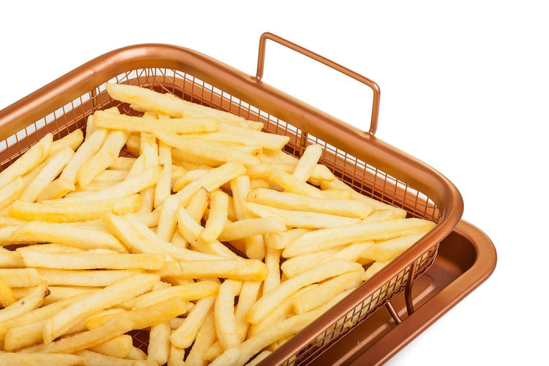 Chef’s Star Copper Crisper Tray - Ceramic Coated Cookie Tray & Mesh Nonstick Basket - Healthy Oil Free Air Frying Option For Chicken, French Fries, Onion Rings & More