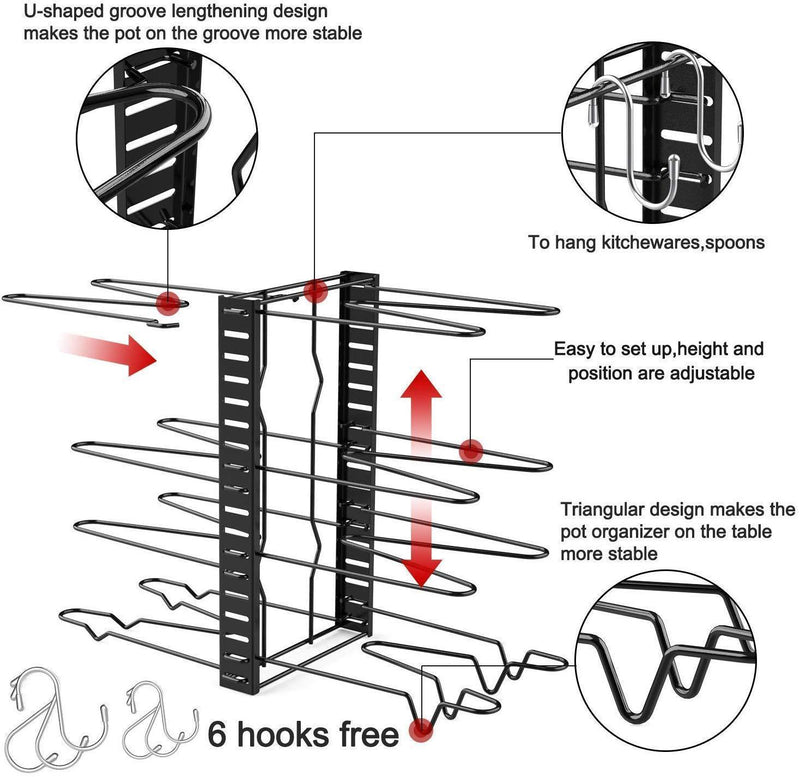 Pot Rack Organizer-Adjustable 8+ Pots and Pans Oragnizer, Kitchen Counter and Cabinet Pot Lid Holder with 3 DIY Methods (6 Hooks Included)