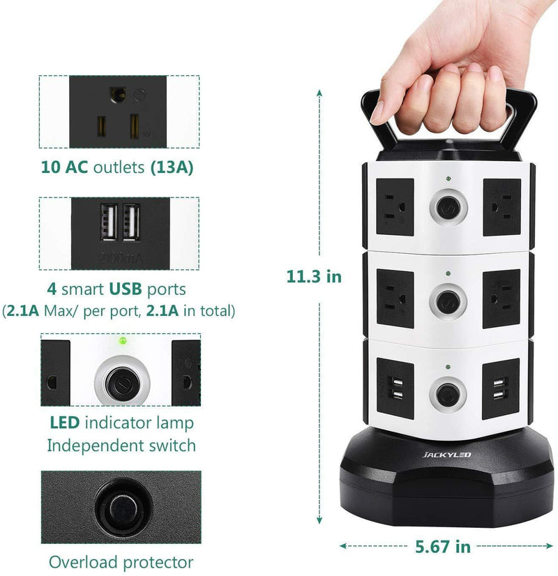 Power Strip Tower JACKYLED Surge Protector Electric Charging Station 3000W 13A 10 Outlets 4 USB Ports with 16AWG 6.5ft Heavy Duty Extension Cord Universal for Home Office