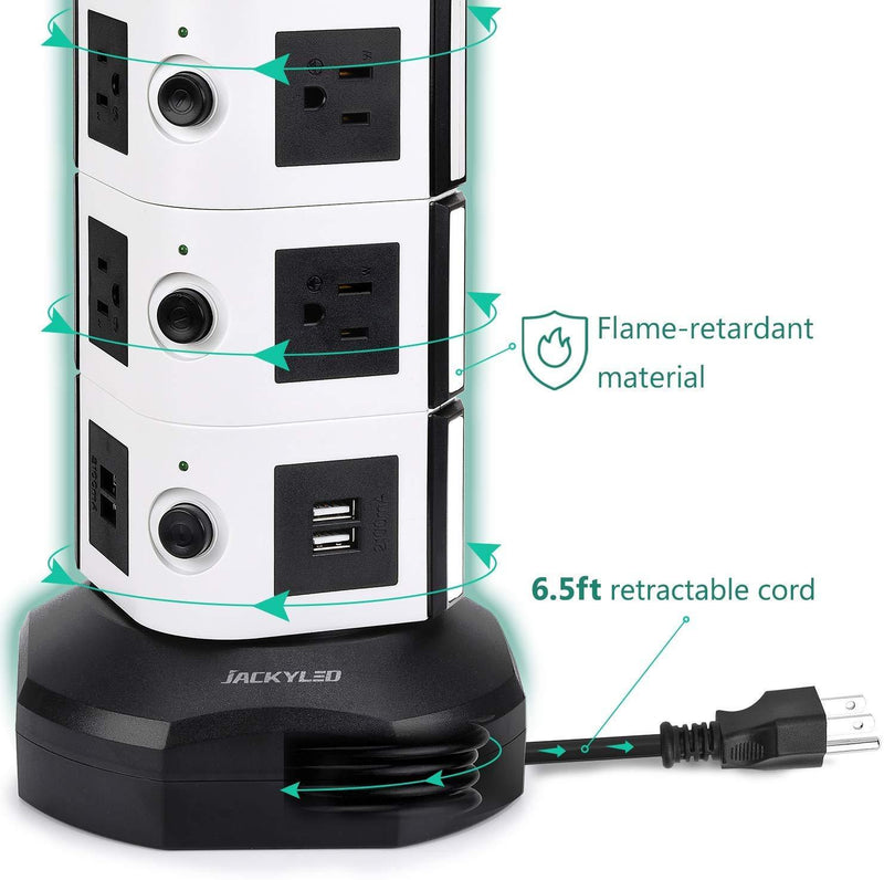 Power Strip Tower JACKYLED Surge Protector Electric Charging Station 3000W 13A 10 Outlets 4 USB Ports with 16AWG 6.5ft Heavy Duty Extension Cord Universal for Home Office