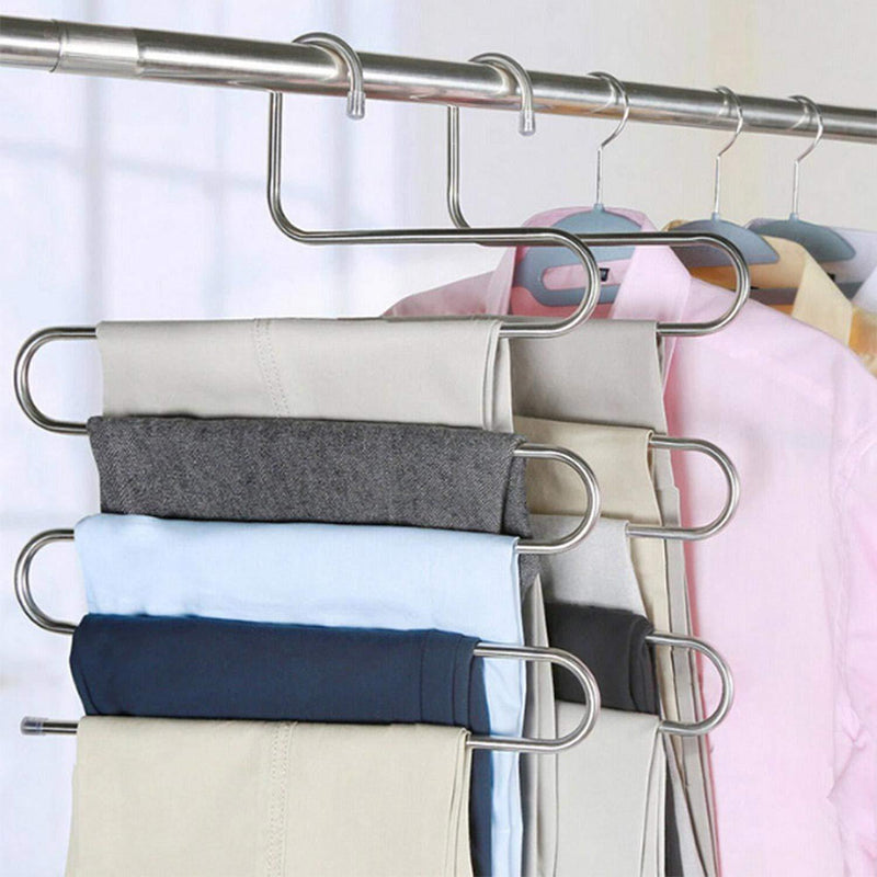 DS Pants Hangers S-Shape Trousers Hangers Stainless Steel Clothes Hangers Closet Space Saving Organizer for Pants Jeans Scarf Hanging Silver (4 Pack with 10 Clips)