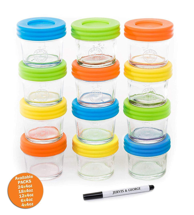 Glass Baby Food Storage Containers - Set contains 12 Small Reusable 4oz Jars with Airtight Lids - Safely Freeze your Homemade Baby Food