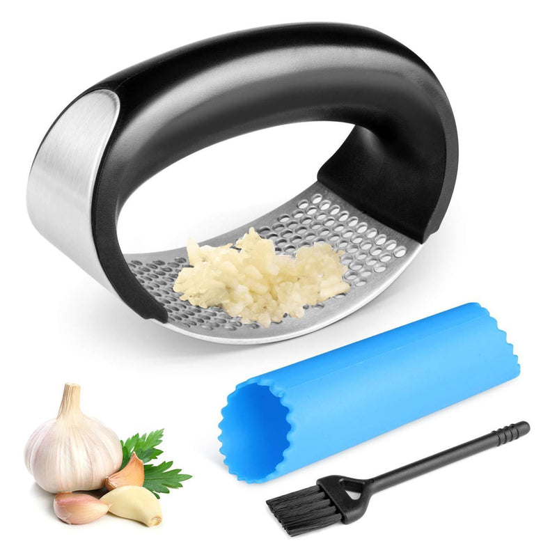 Rhodesy Garlic Press Rocker Stainless Steel Garlic Press Rocker Garlic Crusher Squeezer Slicer Mincer Chopper Kitchen Gadget with Handle