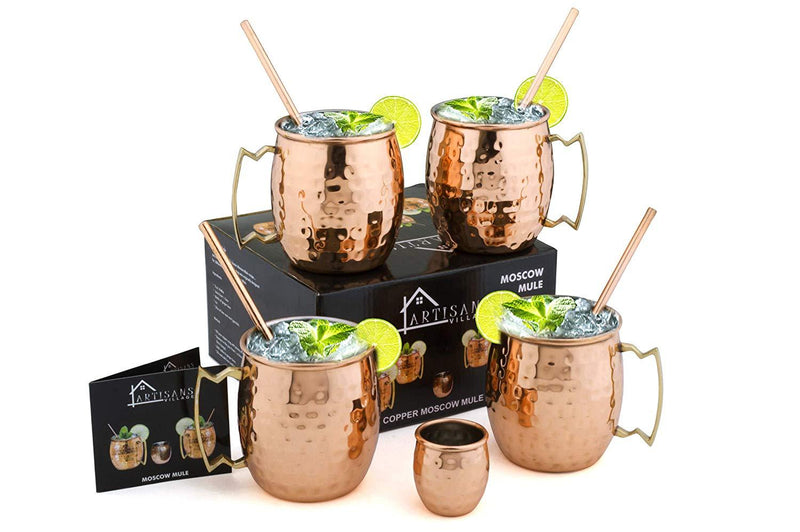 Moscow Mule Copper Mugs, 100% Handcrafted, Food-safe Copper Mugs, Mug with Brass Handle & Stainless-Steel Lining, with Copper Straws, Jigger and Shot Glass (Hammered)