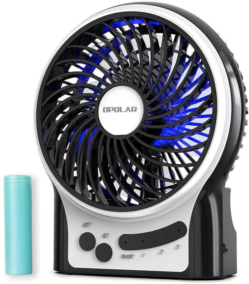 OPOLAR Mini Portable Battery Operated Travel Fan with 3-13 Battery Life, Rechargeable & USB powered Handheld Fan for Desk Beach Camping, 3 Speeds, Strong Airflow, Internal Blue Light& Side Flash Light