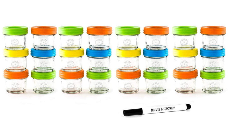 Glass Baby Food Storage Containers - Set contains 12 Small Reusable 4oz Jars with Airtight Lids - Safely Freeze your Homemade Baby Food