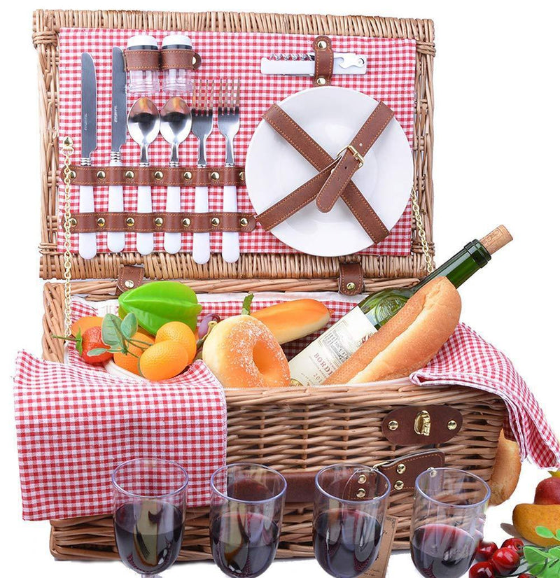 SatisInside New 2019 USA Insulated Luxury 29Pcs Kit Wicker Picnic Basket Set for 4 People - Reinforced Handle - Plus A Free Waterproof Fleece Blanket Worth $16.99 - Grey Stripes