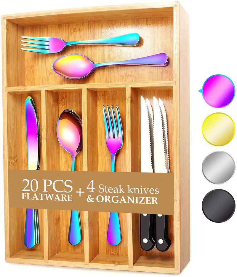 24-Piece Silverware Teivio Set, Flatware Set Mirror Polished, Dishwasher Safe Service for 4, Include Knife/Fork/Spoon with Bamboo 5-Compartment Silverware Drawer Organizer Box