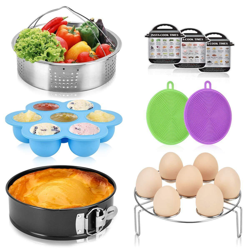 SPLF 9 Pcs Pressure Cooker Accessories Set, Compatible with Instant Pot 6 8 QT, Includes Steamer Basket, Springform Cake Pan, Egg Bites Mold, Eggs Rack, Silicone Dish Sponge, Cheat Sheet Magnets