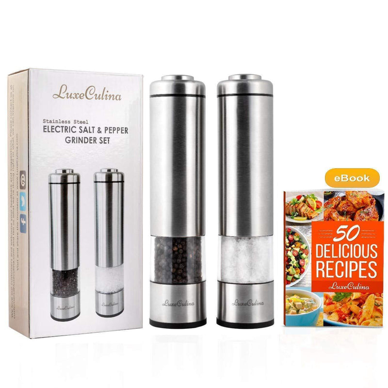 Electric Pepper Grinder or Salt Grinder Mill Set (Pack of 2) by LuxeCulina | Battery Operated with Light | Automatic Shakers with Adjustable Coarseness