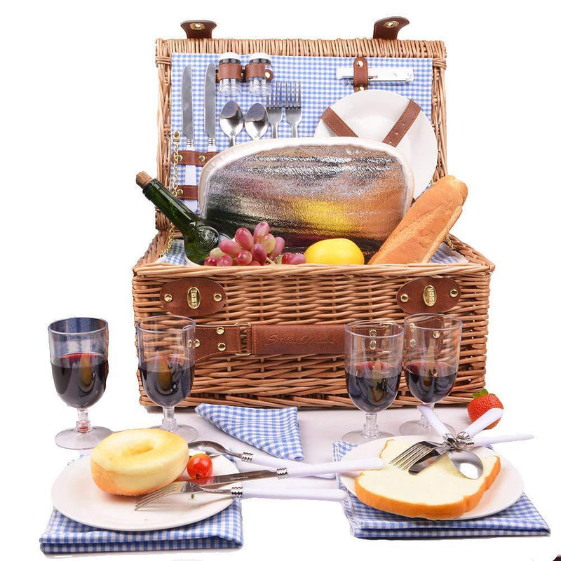 SatisInside New 2019 USA Insulated Luxury 29Pcs Kit Wicker Picnic Basket Set for 4 People - Reinforced Handle - Plus A Free Waterproof Fleece Blanket Worth $16.99 - Grey Stripes