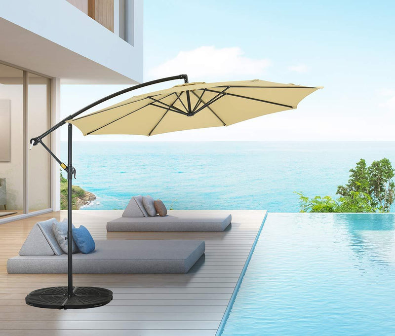 PATIO WATCHER 10ft Offset Cantilever Patio Umbrella Outdoor Market Hanging Umbrella with Crank & Cross Base for Backyard, Garden, Lawn and Pool - Beige