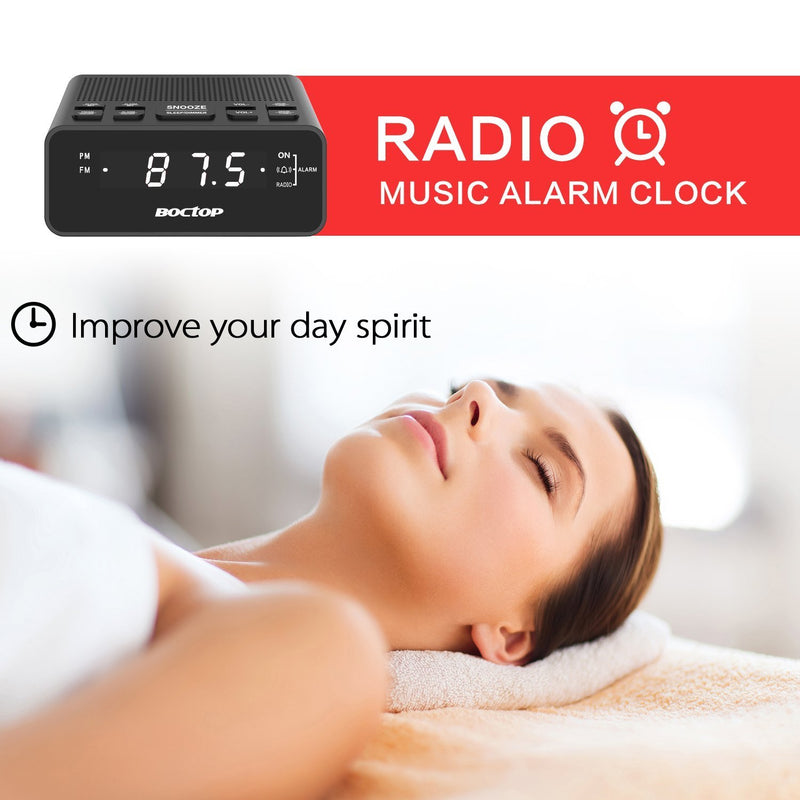 BOCTOP Digital LED Alarm Clock Radio with Sleep Timer FM Radio, 2A USB Charging Port, Dimmer, Snooze for Bedrooms