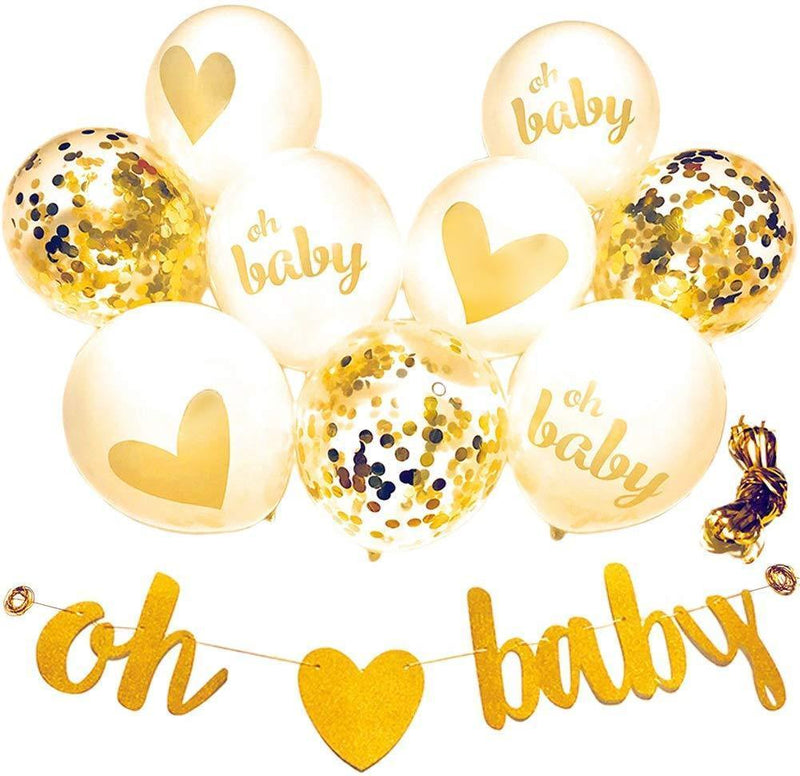 Baby Shower Decorations Neutral Decor Strung Banner"Oh" and"Baby" & 9PC Balloons w/Ribbon [Gold, Confetti, White] Kit Set by YouParty