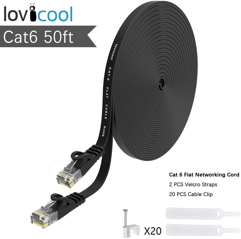 Lovicool Cat 6 Ethernet Patch Cable 100 ft Black, 4-Pair UTP Flat Networking Patch LAN Cable Ethernet Cords Network Wire Speed up to 250MHz with RJ45 Connectors 30m
