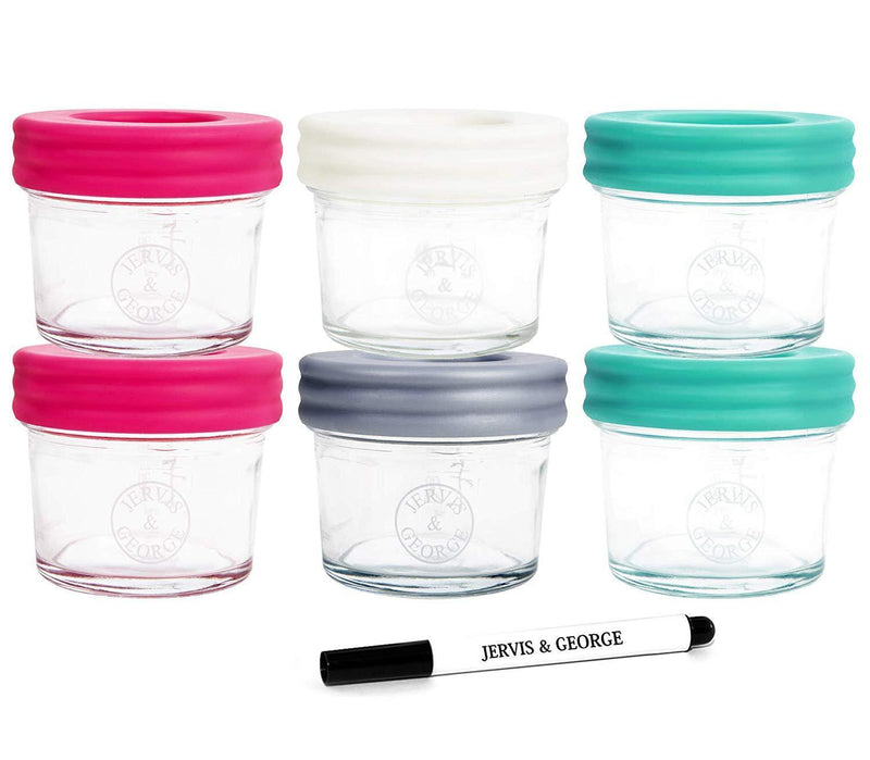 Glass Baby Food Storage Containers - Set contains 12 Small Reusable 4oz Jars with Airtight Lids - Safely Freeze your Homemade Baby Food