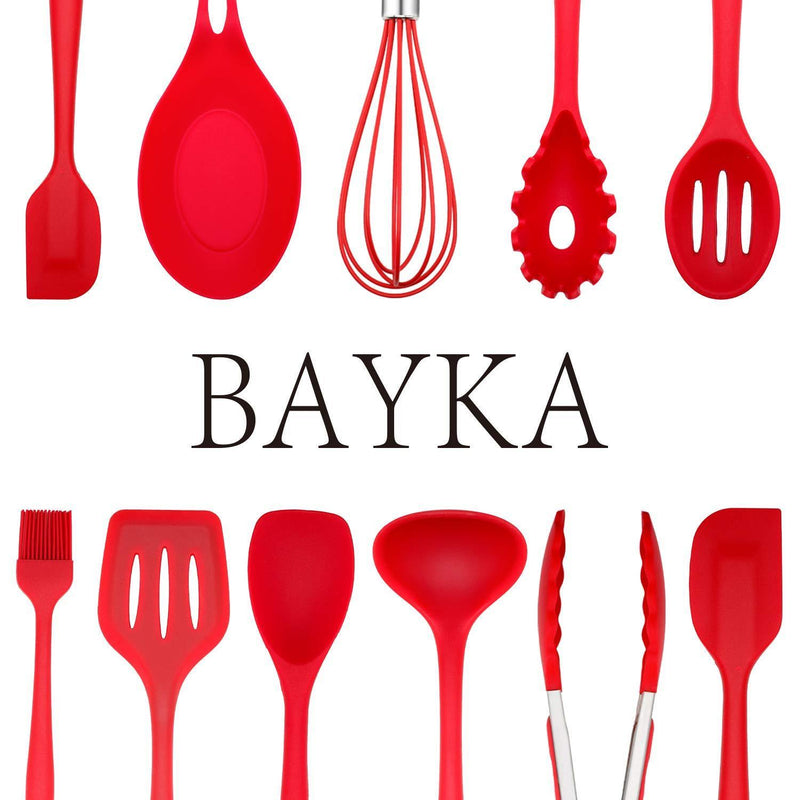 Silicone Kitchen Utensils Set, BAYKA, Non-stick Silicone Utensils 11 Pieces Heat Resistant Cooking Set with Tongs, Basting Brush, Slotted Spoon, 2 Spatulas, Seamless Design Best Kitchen Tools for Gift