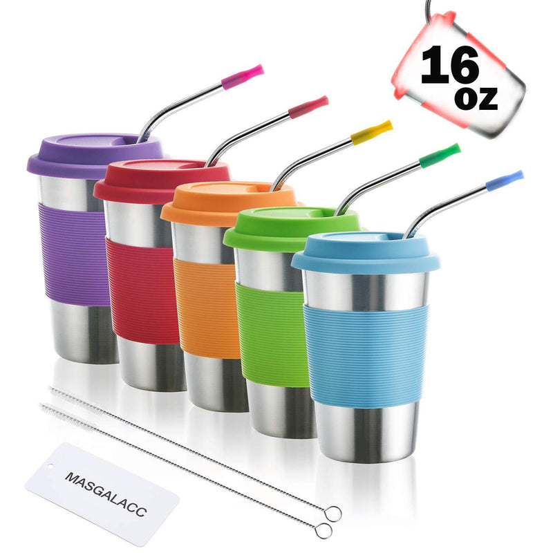 Kids Stainless Steel Cups 12 oz With Silicone Lids & Straw 5 Pack Drinking Tumblers for Adults, Children and Toddlers