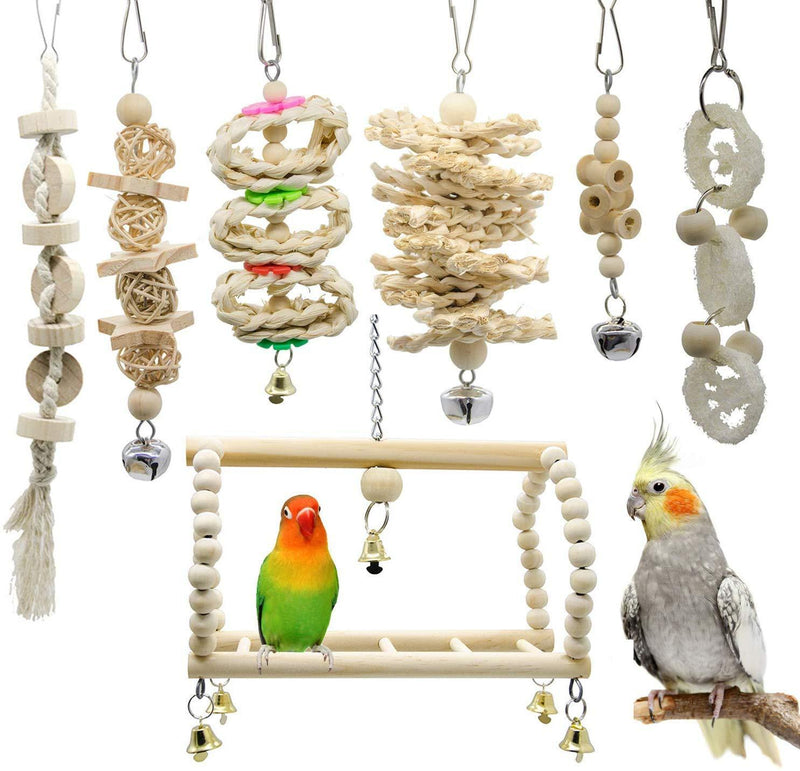 Deloky 7 Packs Bird Parrot Swing Chewing Toys- Natural Wood Hanging Bell Bird Cage Toys Suitable for Small Parakeets, Cockatiels, Conures, Finches,Budgie,Macaws, Parrots, Love Birds